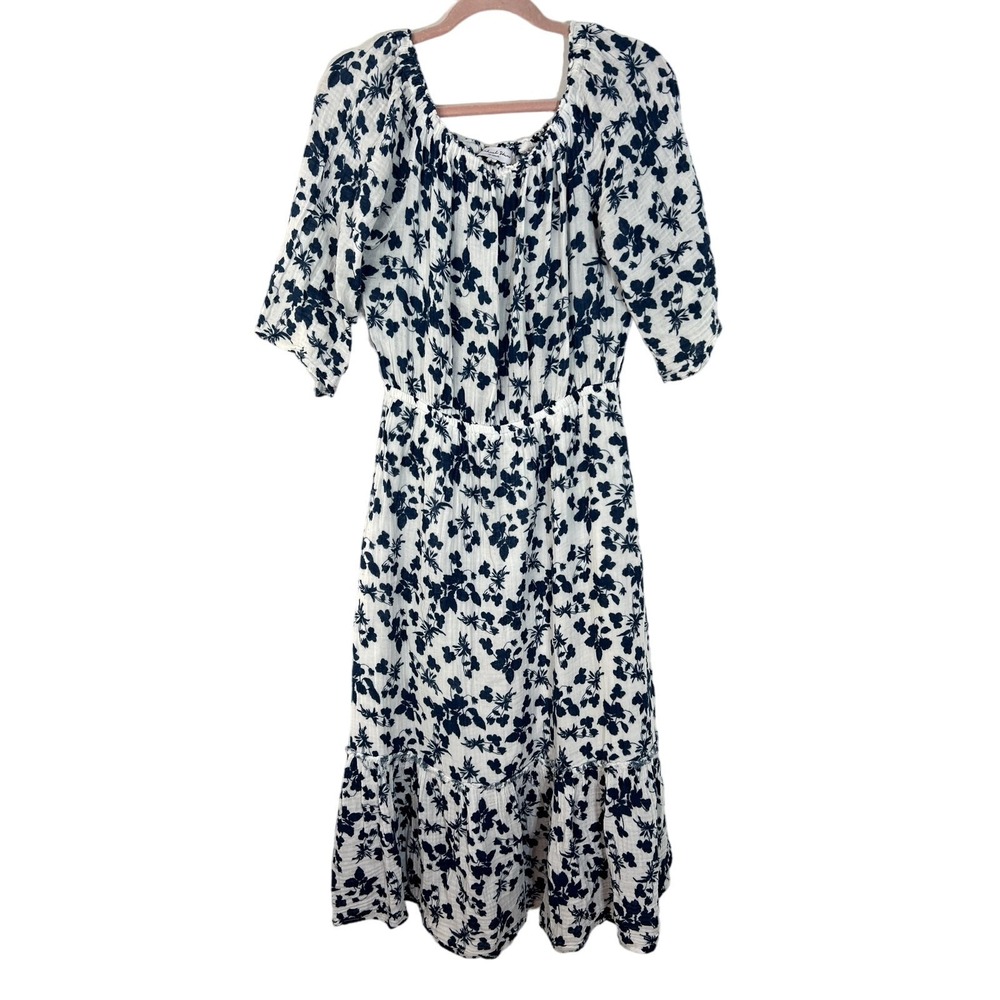 Michael Stars Cottagecore Peasant White &‎ Blue Floral Short Sleeve Midi Dress M